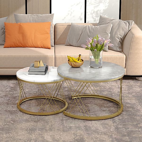 Couchtisch rund 2er set, MDF mit Marmormuster runde Endtische stabiler Meta günstig online kaufen