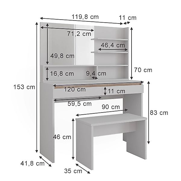 Vicco Schminktisch Emma Weiß 120 cm mit Spiegelregal & Bank günstig online kaufen