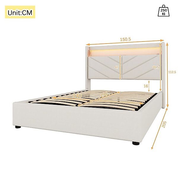Flieks Polsterbett, LED Hydraulisches Doppelbett 140x190cm mit USB-Laden un günstig online kaufen