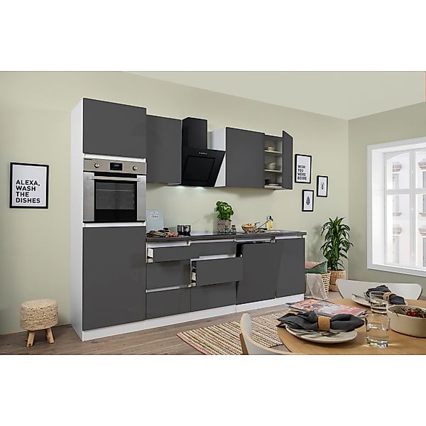 Respekta Küchenzeile GLRP280HWG 280 cm Grau Hochglanz Granit-Optik Grifflos günstig online kaufen