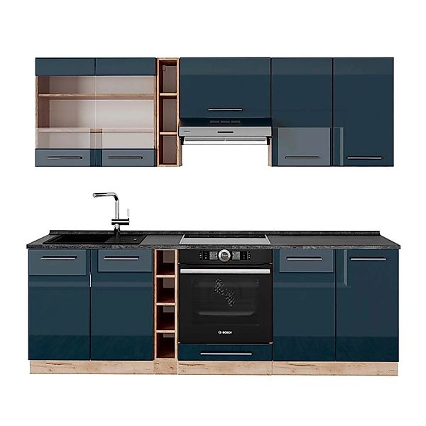 Vicco Fame-Line Küchenzeile Dunkelblau Hochglanz/Goldkraft Eiche 235 cm AP günstig online kaufen