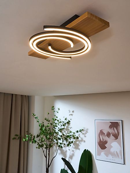 LED-Deckenleuchte Rifia, braun, Länge 50 cm, Holz günstig online kaufen
