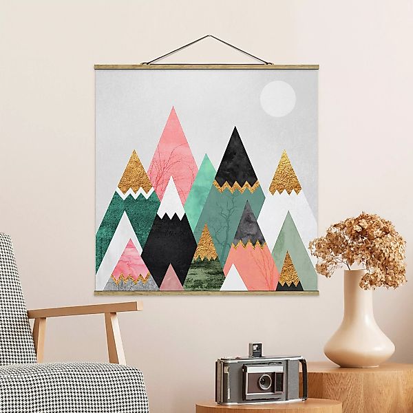 Stoffbild Kinderzimmer mit Posterleisten - Quadrat Dreieckige Berge mit Gol günstig online kaufen