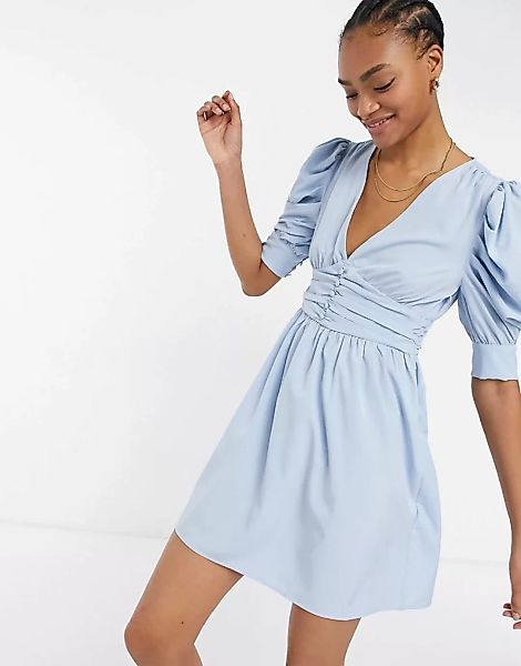 Vila – Blaues Minikleid mit Wickeldesign vorne und gerafften 3/4-Ärmeln günstig online kaufen