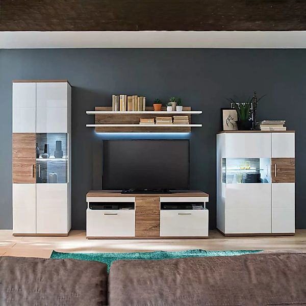 Wohnzimmerwohnwand in Weiß Hochglanz und Eiche Dekor modern (vierteilig) günstig online kaufen