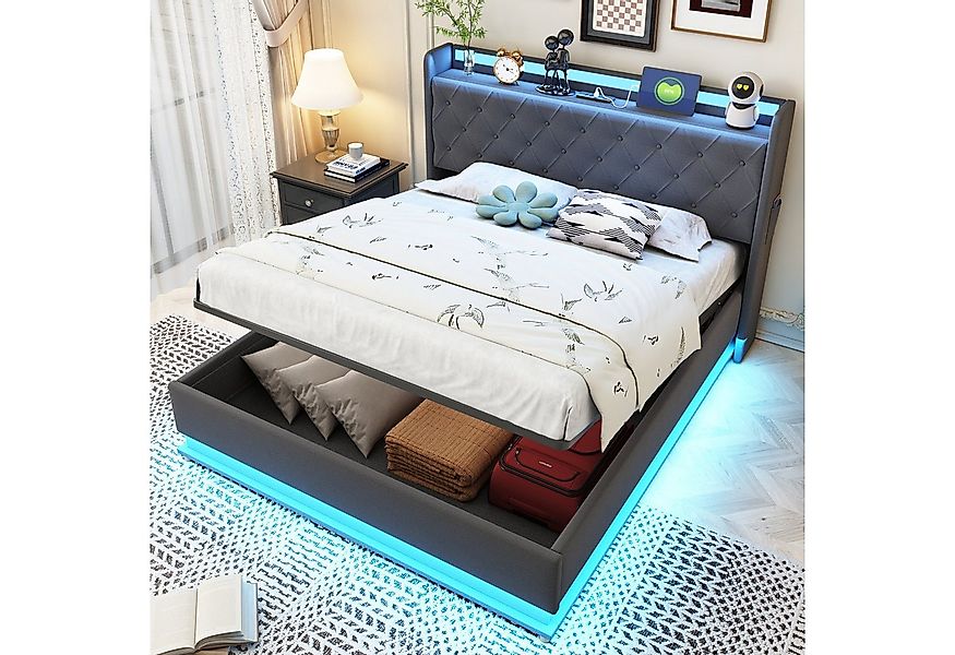 Celya Polsterbett LED Doppelbett mit USB-Ladeanschluss und Hydraulischer La günstig online kaufen