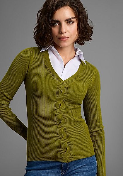 Laura Scott V-Ausschnitt-Pullover Feinstrickpullover mit spannendem Zopfmus günstig online kaufen