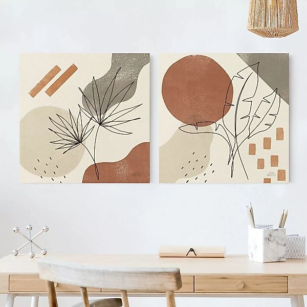 Leinwandbild 2-teilig Pflanzenblätter Lineart und Terracotta Farben günstig online kaufen