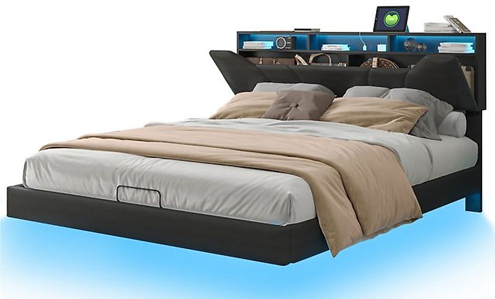 FUROKOY Polsterbett Schwarzes hydraulisches Bett Lagerbett Hängebett LED-Be günstig online kaufen