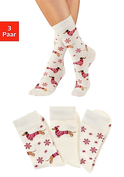 LASCANA Socken, (Packung, 3 Paar), mit weihnachtlichem Dackelmotiv günstig online kaufen