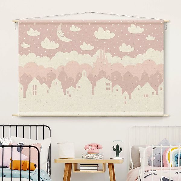 Wandteppich Sternenhimmel mit Häusern und Mond in rosa günstig online kaufen