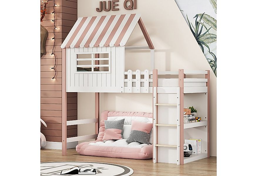 Flieks Hochbett Hausbett Kinderbett 90x200cm mit Sicherheitsleiter und Abla günstig online kaufen