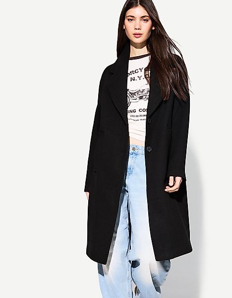 Bershka Langer Soft-Touch-Mantel Damen M Schwarz günstig online kaufen