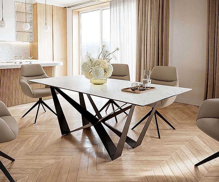 Esstisch Edge 200x100cm Keramik Laminam®Statuarietto Weiß Mittelfuß Flachst günstig online kaufen