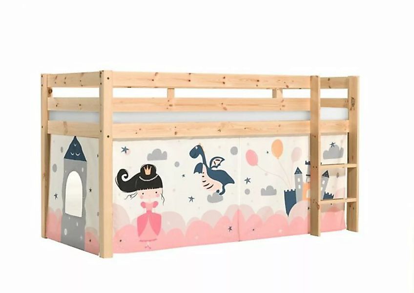 Natur24 Kinderbett Halbhohes Bett Pino mit Textilset Drache Kiefer Natur la günstig online kaufen
