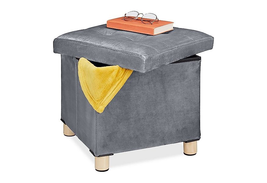 relaxdays Polsterhocker Samthocker mit Tablett, Hellgrau günstig online kaufen