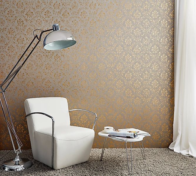 Bricoflor Barock Textiltapete Grau Gold Ornament Vliestapete mit Textil Mus günstig online kaufen