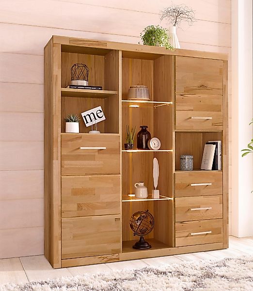 Home affaire Highboard "Ribe,130cm breit145cm hoch,Fronten Massivholz,12 Fä günstig online kaufen