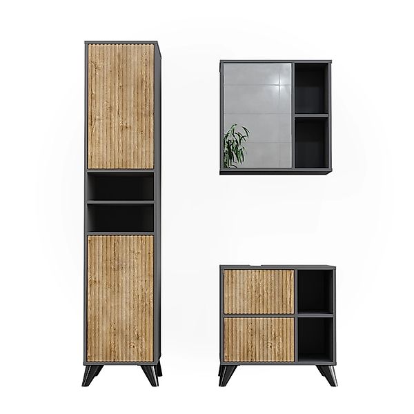 Vicco Badmöbel-Set Leano Anthrazit/Bergeiche 3 Teile Opt 2 günstig online kaufen