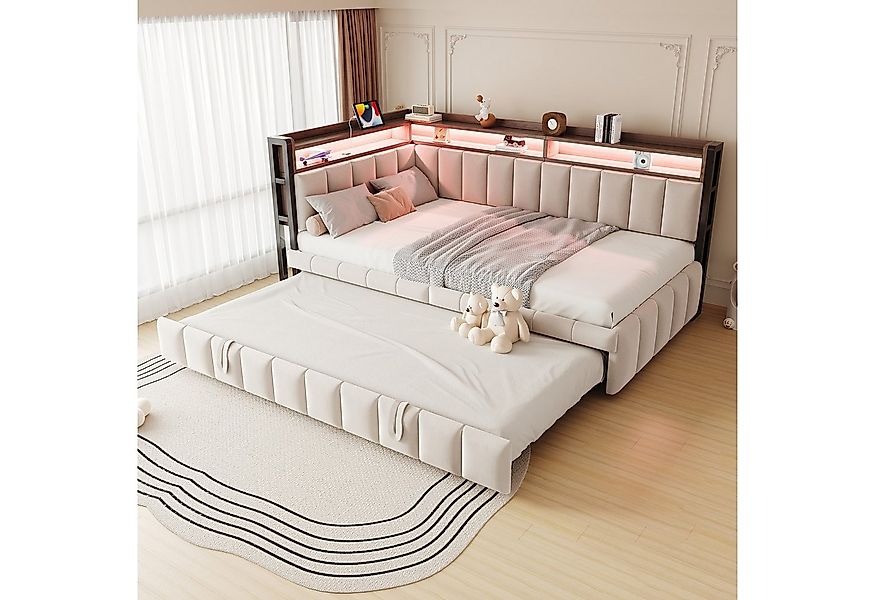 Flieks Daybett, LED Polsterbett Schlafsofa 90x200cm mit Aufladen, Ausziehbe günstig online kaufen