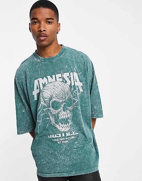 ASOS DESIGN – Oversized-T-Shirt in grüner Acid-Waschung mit Totenkopfprint günstig online kaufen