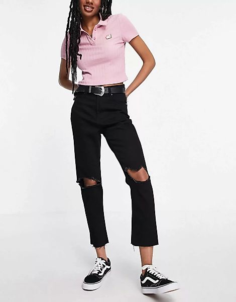 Brave Soul – Seba – Mom-Jeans mit Zierrissen an den Knien-Schwarz günstig online kaufen