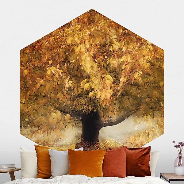 Hexagon Mustertapete selbstklebend Verträumter Baum im Herbst günstig online kaufen