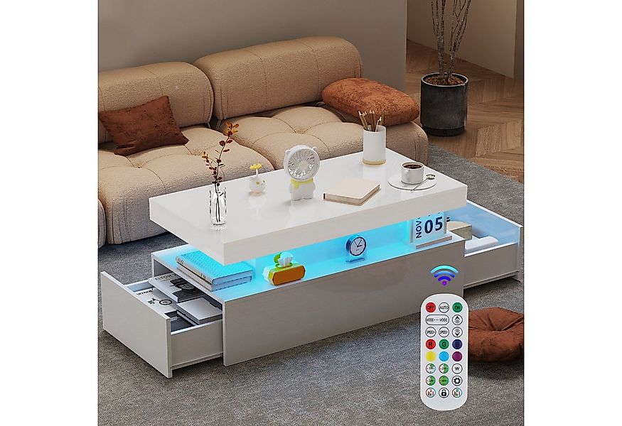oyajia Couchtisch Wohnzimmertisch Hochglanz mit LED Beleuchtung & Fernsteue günstig online kaufen