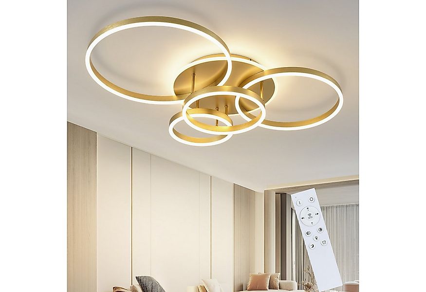Nettlife LED Deckenleuchte Dimmbar Wohnzimmer Gold 2 Ring 46W 59CM Modern, günstig online kaufen