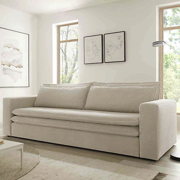 Couch mit Schlaffunktion in Beige Cord 244 cm breit - Dreisitzer günstig online kaufen