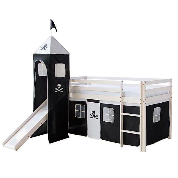 Homestyle4u Hochbett 90x200 mit Vorhang Lattenrost Matratze Rutsche Turm in günstig online kaufen