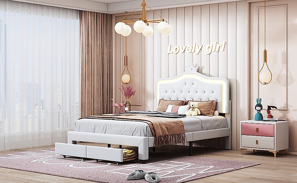 Furnishings Home Polsterbett PU Doppelbett mit Schubladen + LED-Licht (Set, günstig online kaufen