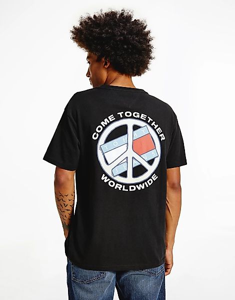 Tommy Jeans – T-Shirt in Schwarz mit „Together world peace“-Rückenprint günstig online kaufen