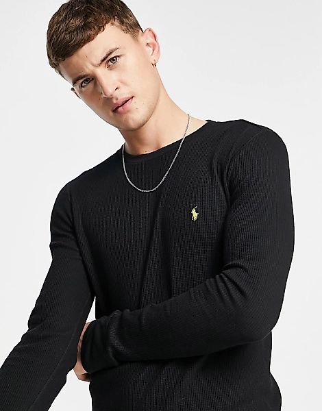 Polo Ralph Lauren – Langärmliges Waffel-Lounge-T-Shirt in Schwarz mit Pony- günstig online kaufen