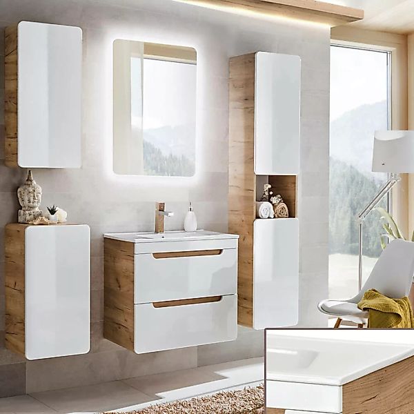 Badezimmermöbel Set Hochglanz weiß mit Wotan Eiche Nb. LUTON-56 61 cm Keram günstig online kaufen