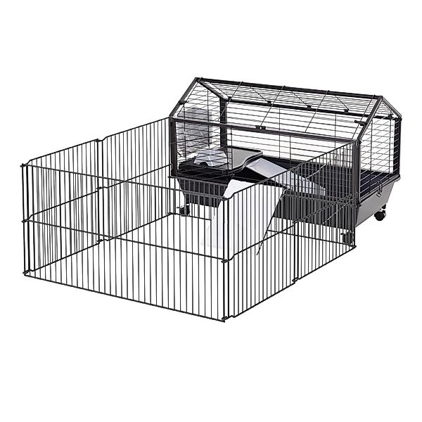 PawHut Kleintierstall mit Klappbarem Auslaufbereich Schwarz 88 x 128,5 x 56 günstig online kaufen