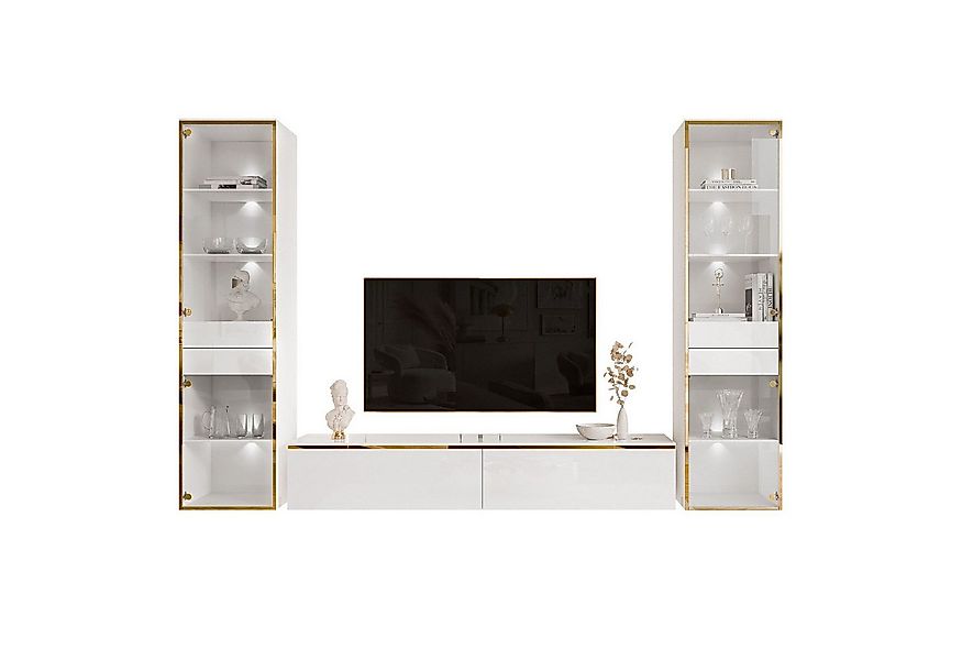 ALLHOUSE24 Wohnzimmer-Set Möbelset PEONY GOLD mit LED weiß Hochglanz Glasvi günstig online kaufen