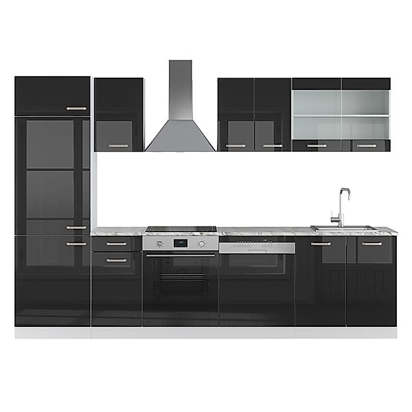 Vicco R-Line Küche Schwarz Hochglanz 300 cm AP Marmor günstig online kaufen