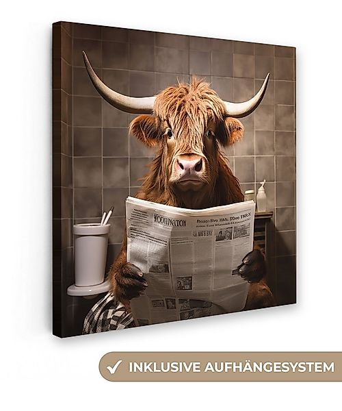 OneMillionCanvasses® Leinwandbild Schottische Highlander - Zeitung - Toilet günstig online kaufen