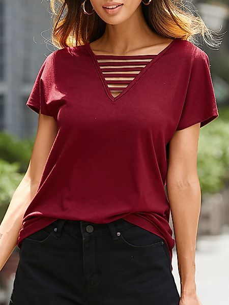 YOINS Hohles Design Kurzarm-T-Shirt mit V-Ausschnitt günstig online kaufen