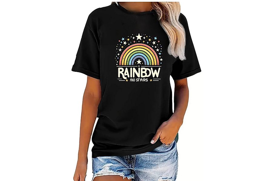 Banco T-Shirt Damen Kurzarm Rainbow Print Unifarben hochwertiger Print günstig online kaufen