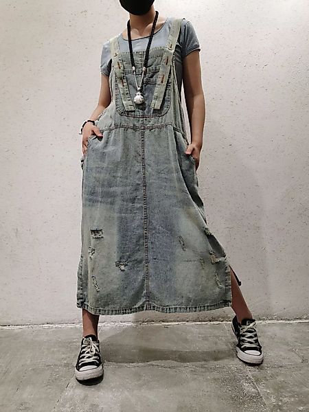 Vintage Träger Denim Maxi Kleid Mit Tasche günstig online kaufen