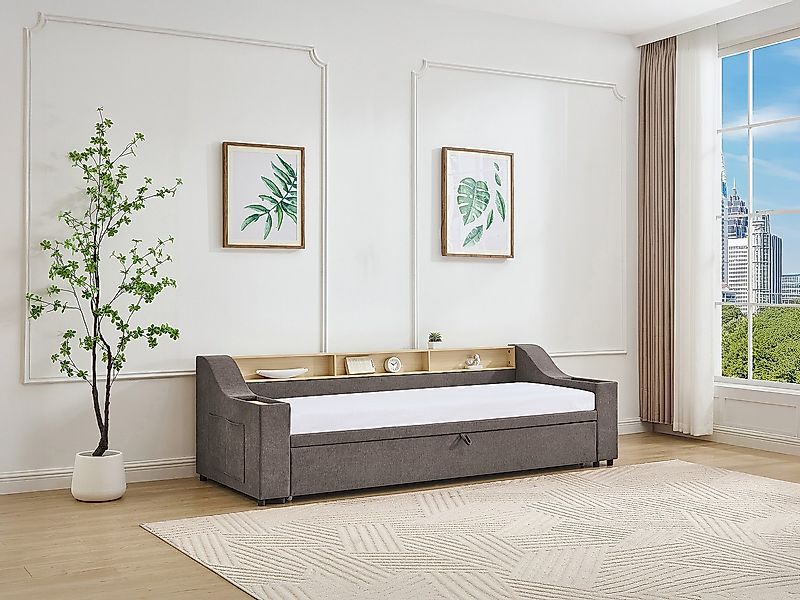 Ausziehbett - 2 x 80 x 200 cm - mit Stauraum & USB-Anschluss - Stoff - Taup günstig online kaufen