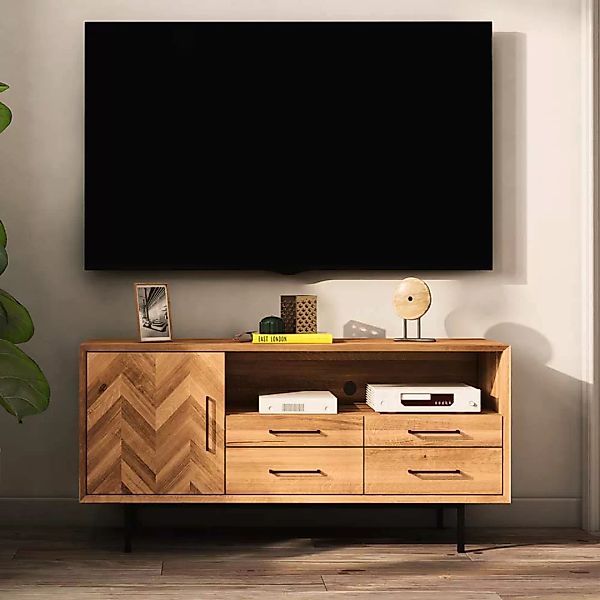 Wildeiche Fernsehboard im Skandi Design vier Schubladen und Tür günstig online kaufen