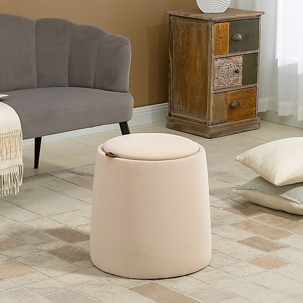 HOMCOM Ottomane runder Sitzhocker mit Stauraum in Beige Samtoptik abnehmbar günstig online kaufen
