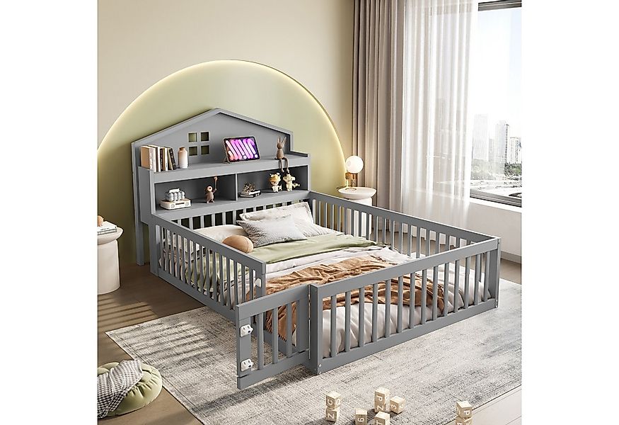 Flieks Kinderbett, Holzbett Bodenbett Hausbett 140x200cm mit Stauraum und K günstig online kaufen