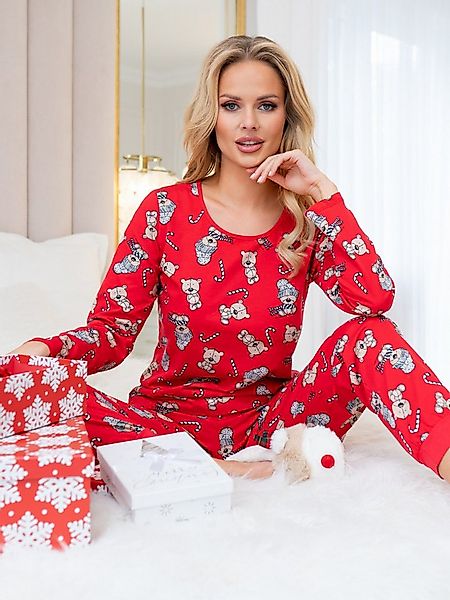 Donna Pyjama langer Weihnachts-Schlafanzug Damen weihnachtlicher Allover-Dr günstig online kaufen