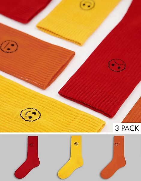 ASOS DESIGN – Sportsocken in Herbsttönen mit Smiley-Detail im 3er-Pack-Mehr günstig online kaufen
