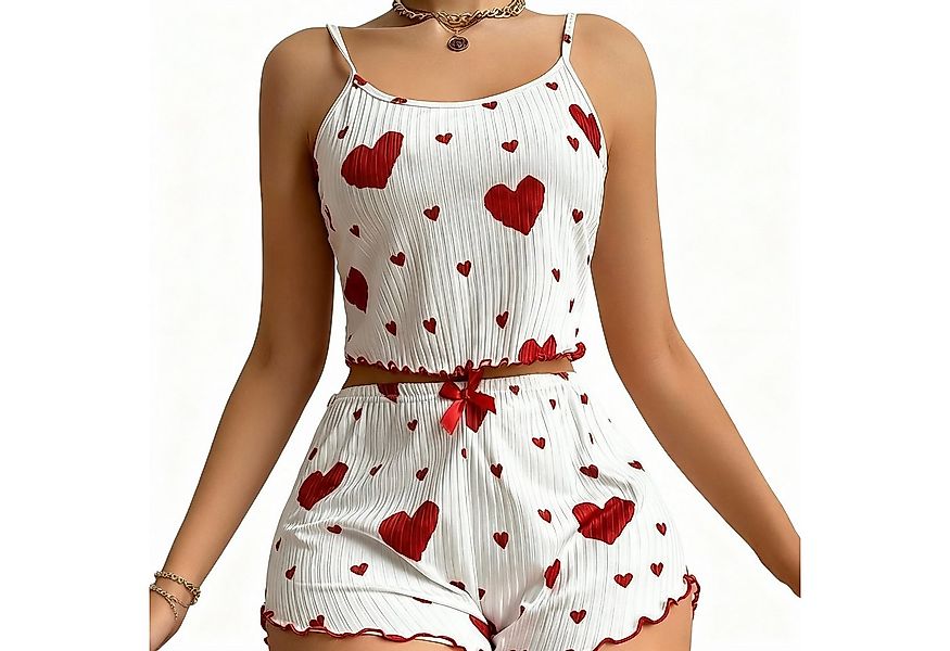 Lovolotti Pyjama Damen Pyjama-Set aus plissiertem Stoff mit Herz-Print Zwei günstig online kaufen