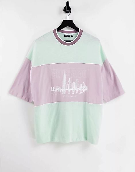 ASOS DESIGN – Oversize-T-Shirt in Grün und Lila mit Farbblockdesign und Cit günstig online kaufen